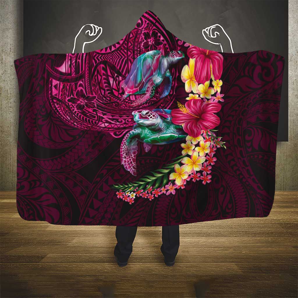 Hawaiian Plumeria and Hibiscus with Turtles Hooded Blanket Polynesian Art Red Color - Polynesian Pride