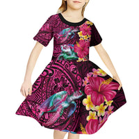 Hawaiian Plumeria and Hibiscus with Turtles Kid Short Sleeve Dress Polynesian Art Red Color - Polynesian Pride