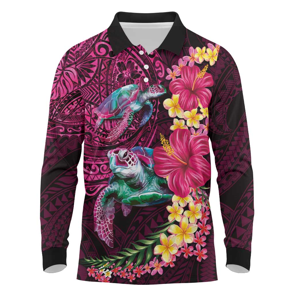 Hawaiian Plumeria and Hibiscus with Turtles Long Sleeve Polo Shirt Polynesian Art Red Color - Polynesian Pride