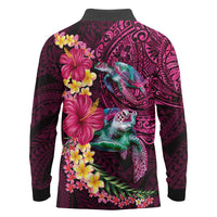 Hawaiian Plumeria and Hibiscus with Turtles Long Sleeve Polo Shirt Polynesian Art Red Color - Polynesian Pride
