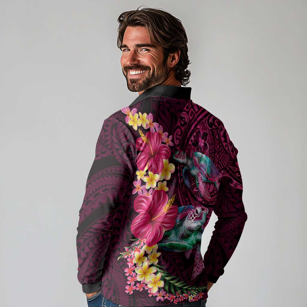 Hawaiian Plumeria and Hibiscus with Turtles Long Sleeve Polo Shirt Polynesian Art Red Color - Polynesian Pride