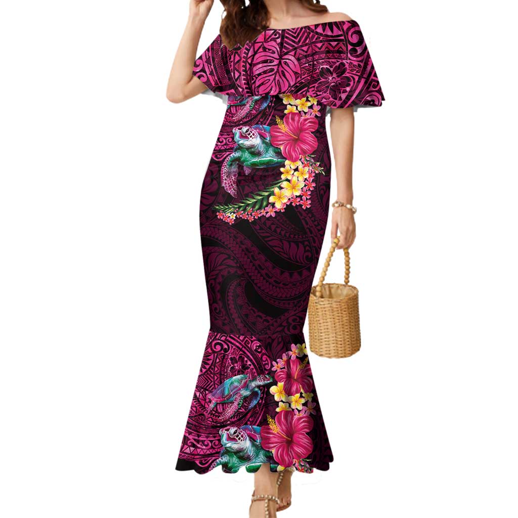 Hawaiian Plumeria and Hibiscus with Turtles Mermaid Dress Polynesian Art Red Color - Polynesian Pride