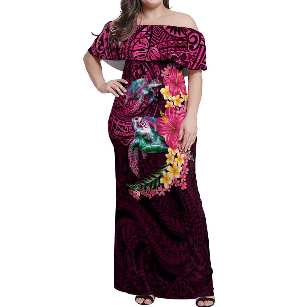 Hawaiian Plumeria and Hibiscus with Turtles Off Shoulder Maxi Dress Polynesian Art Red Color - Polynesian Pride