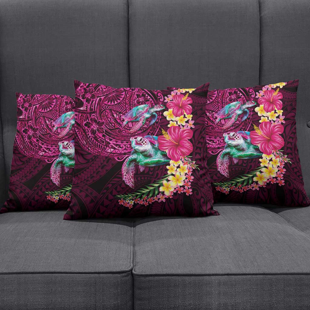 Hawaiian Plumeria and Hibiscus with Turtles Pillow Cover Polynesian Art Red Color - Polynesian Pride