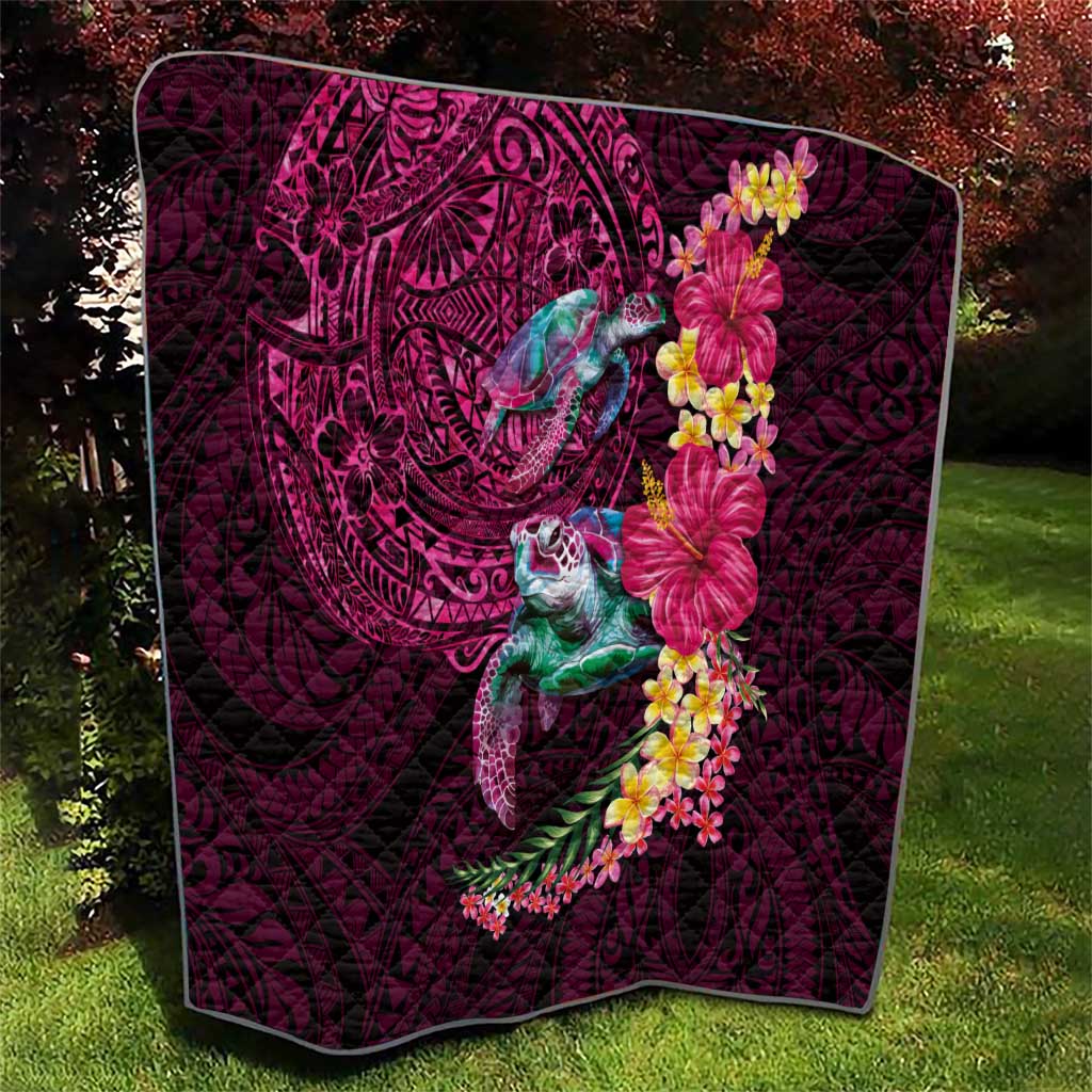 Hawaiian Plumeria and Hibiscus with Turtles Quilt Polynesian Art Red Color - Polynesian Pride
