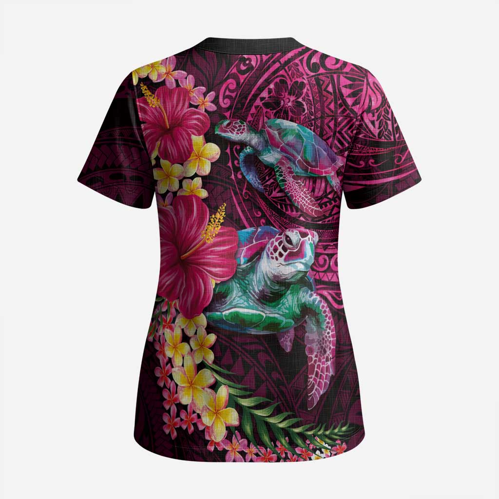 Hawaiian Plumeria and Hibiscus with Turtles Scrub Top Polynesian Art Red Color - Polynesian Pride