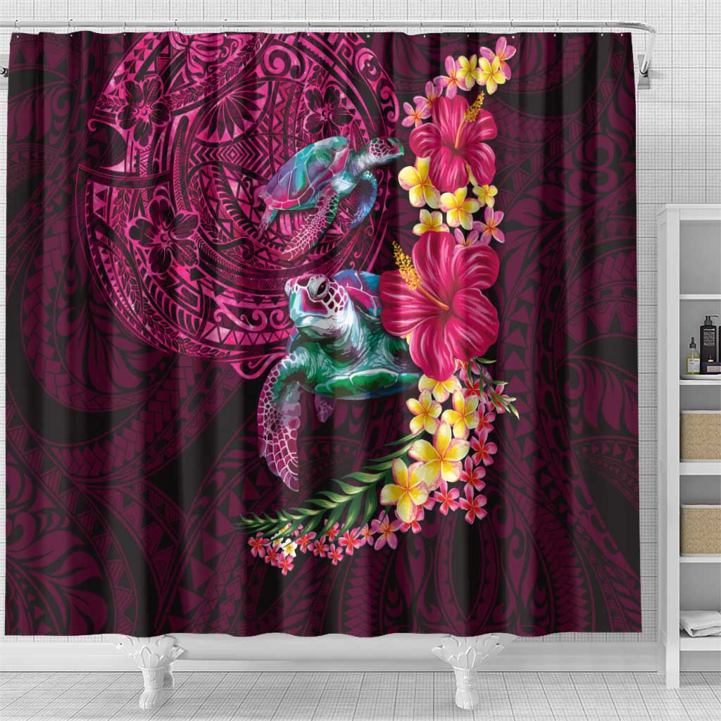 Hawaiian Plumeria and Hibiscus with Turtles Shower Curtain Polynesian Art Red Color - Polynesian Pride