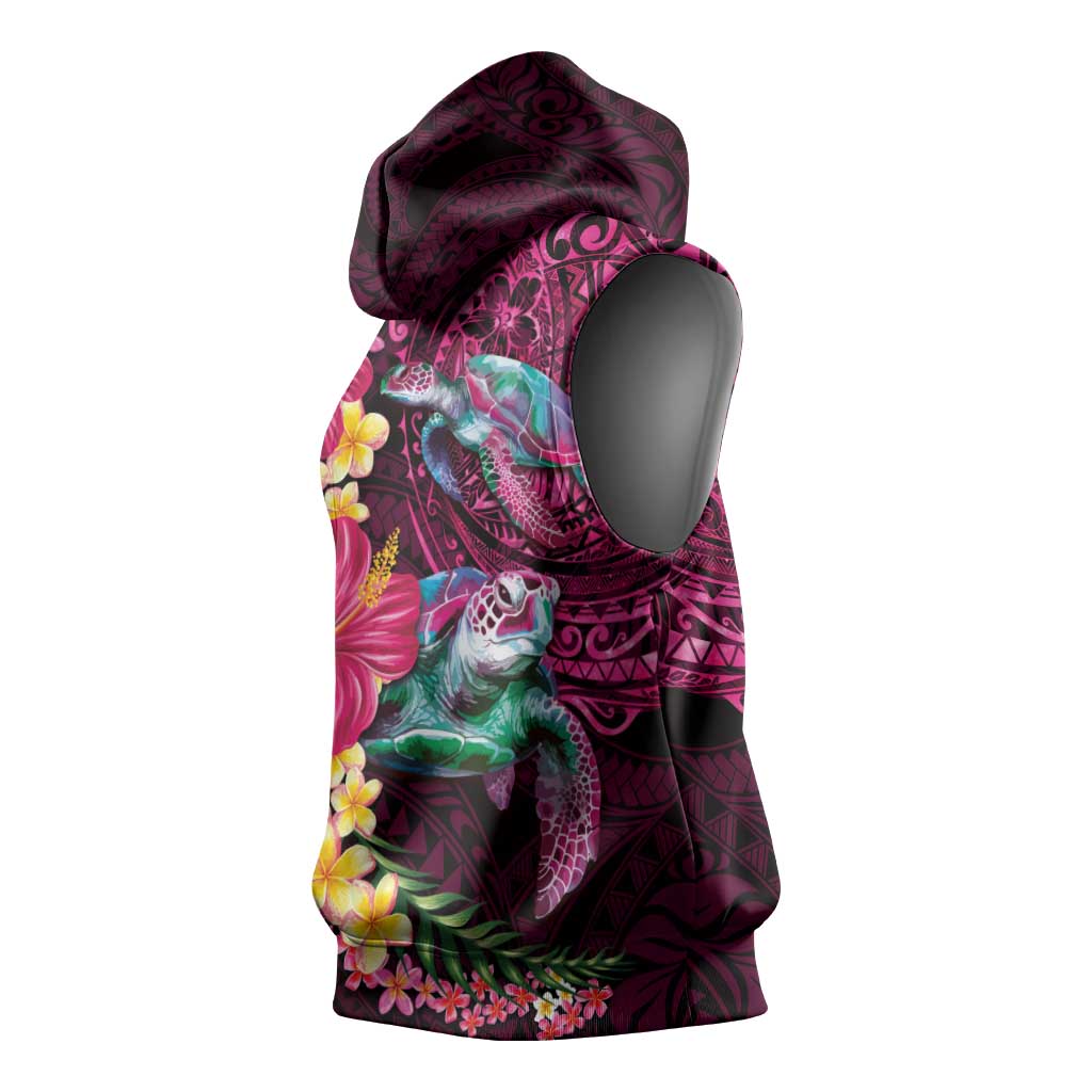 Hawaiian Plumeria and Hibiscus with Turtles Sleeveless Hoodie Polynesian Art Red Color - Polynesian Pride