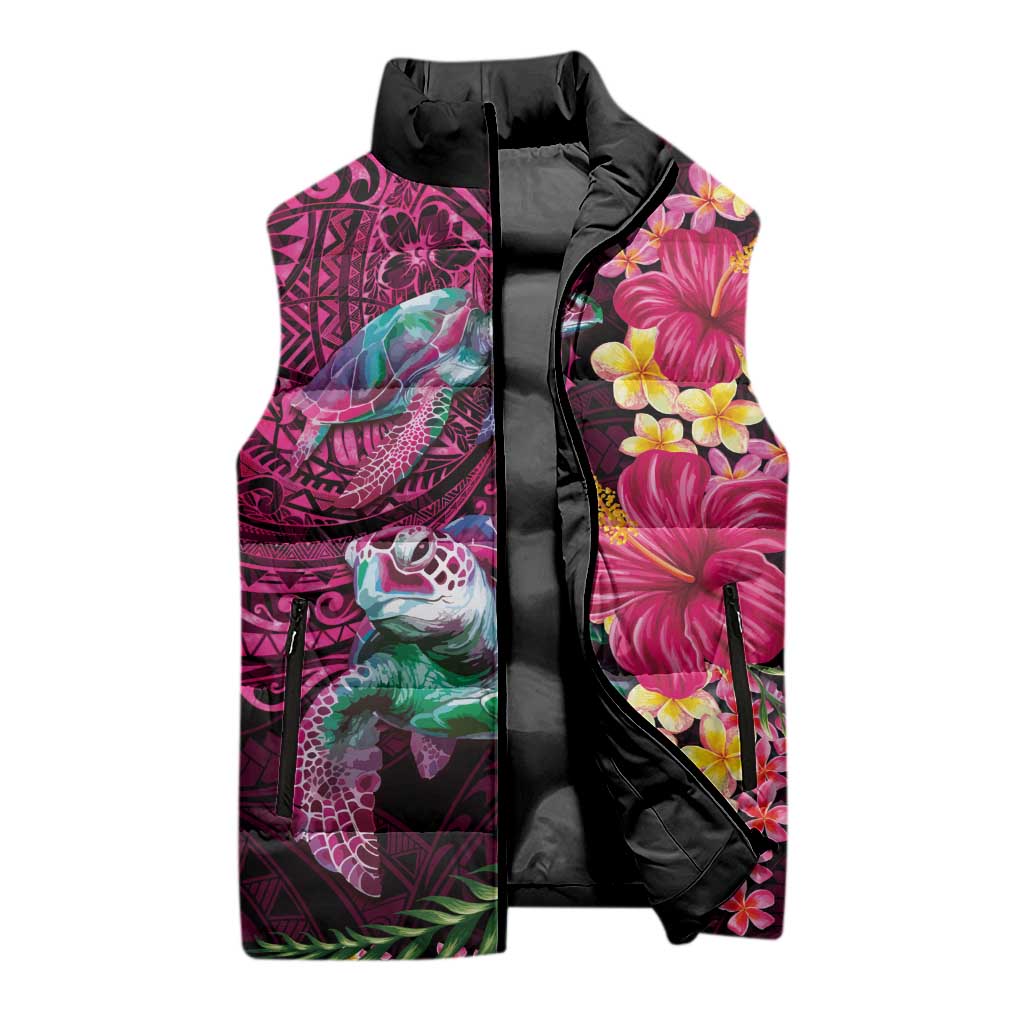 Hawaiian Plumeria and Hibiscus with Turtles Sleeveless Puffer Jacket Polynesian Art Red Color - Polynesian Pride