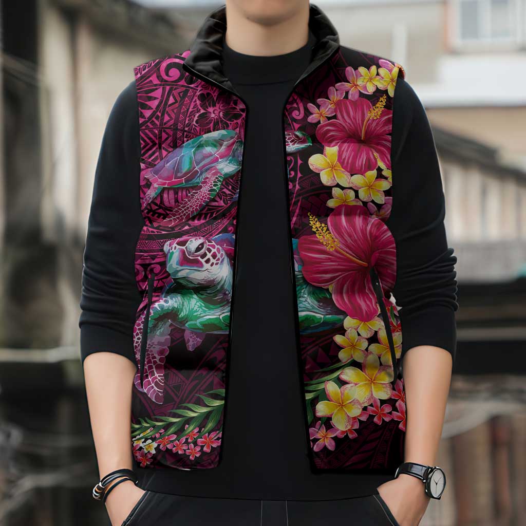 Hawaiian Plumeria and Hibiscus with Turtles Sleeveless Puffer Jacket Polynesian Art Red Color - Polynesian Pride