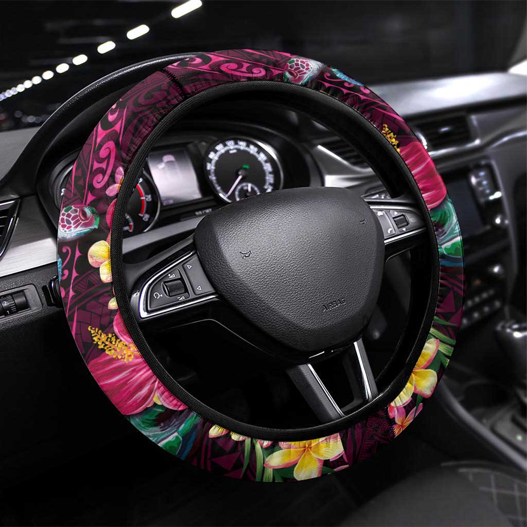 Hawaiian Plumeria and Hibiscus with Turtles Steering Wheel Cover Polynesian Art Red Color - Polynesian Pride