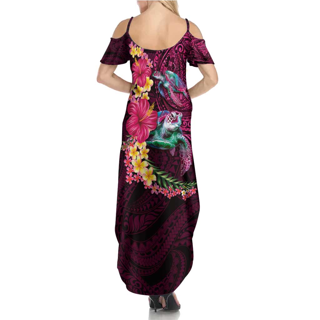 Hawaiian Plumeria and Hibiscus with Turtles Summer Maxi Dress Polynesian Art Red Color - Polynesian Pride
