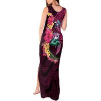 Hawaiian Plumeria and Hibiscus with Turtles Tank Maxi Dress Polynesian Art Red Color - Polynesian Pride