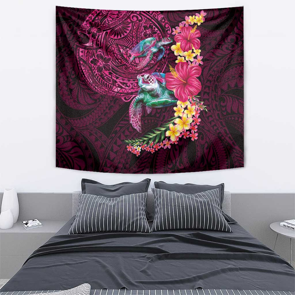 Hawaiian Plumeria and Hibiscus with Turtles Tapestry Polynesian Art Red Color - Polynesian Pride