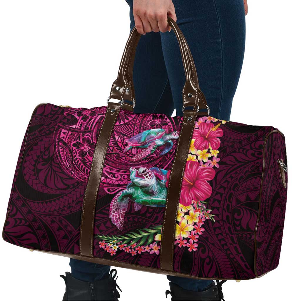 Hawaiian Plumeria and Hibiscus with Turtles Travel Bag Polynesian Art Red Color - Polynesian Pride