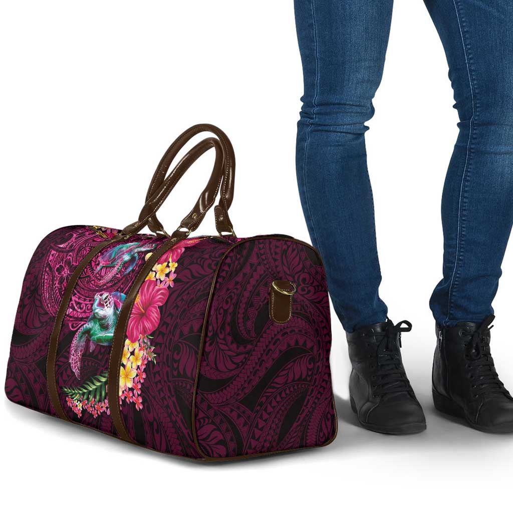 Hawaiian Plumeria and Hibiscus with Turtles Travel Bag Polynesian Art Red Color - Polynesian Pride