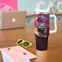 Hawaiian Plumeria and Hibiscus with Turtles Tumbler With Handle Polynesian Art Red Color - Polynesian Pride