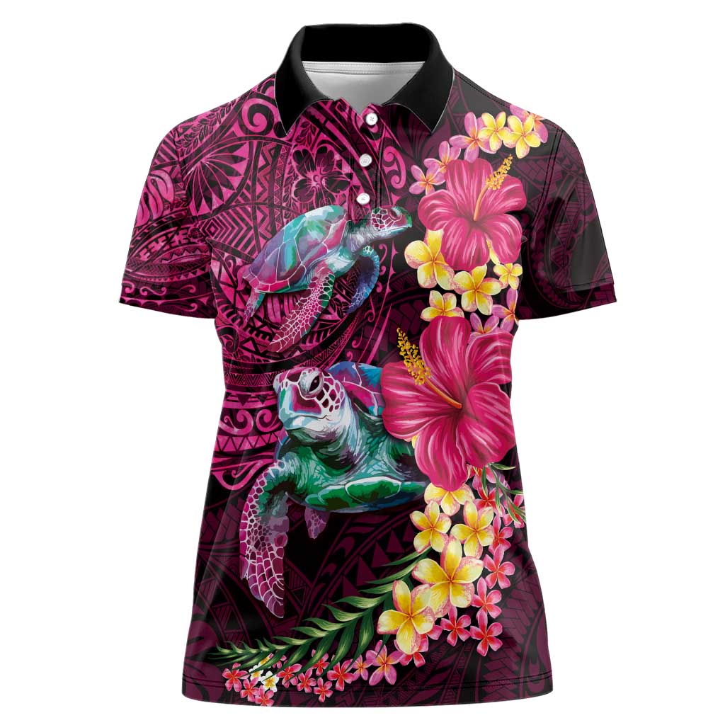 Hawaiian Plumeria and Hibiscus with Turtles Women Polo Shirt Polynesian Art Red Color - Polynesian Pride