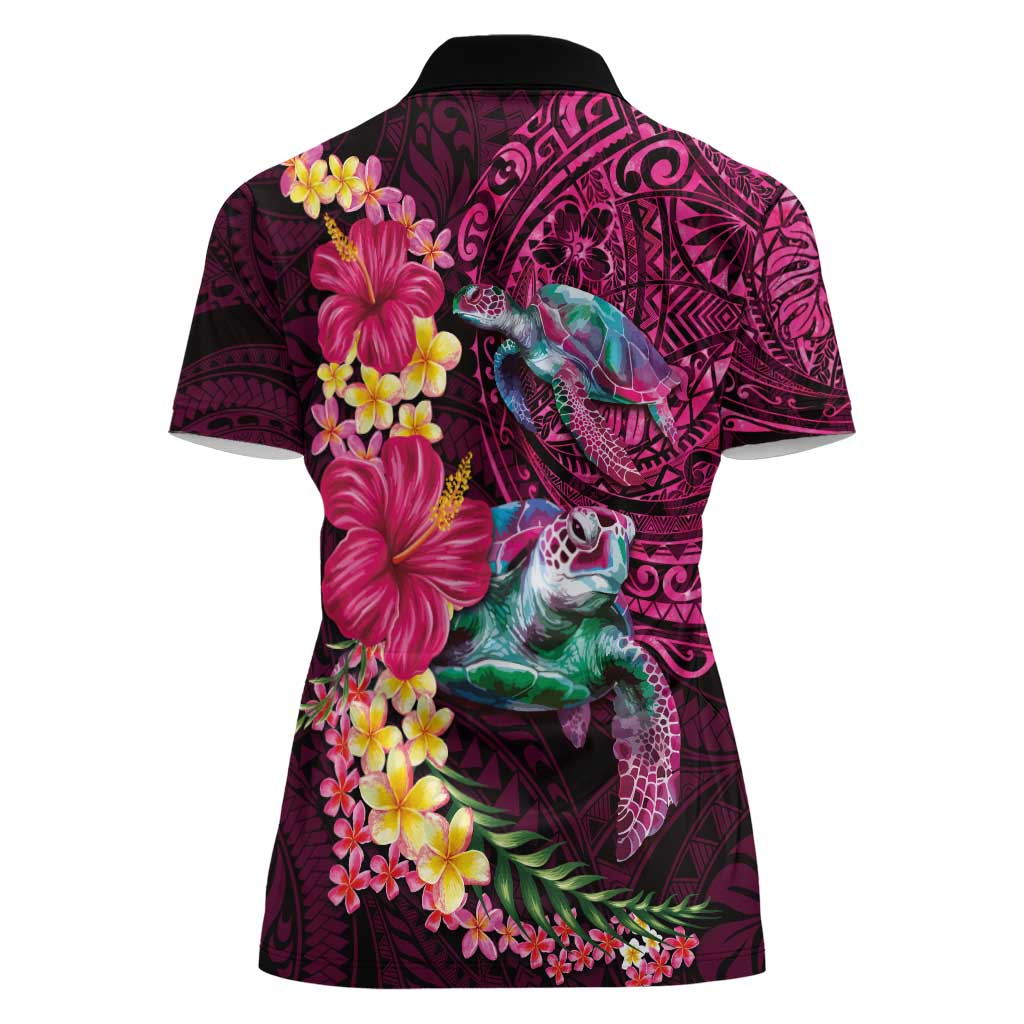Hawaiian Plumeria and Hibiscus with Turtles Women Polo Shirt Polynesian Art Red Color - Polynesian Pride