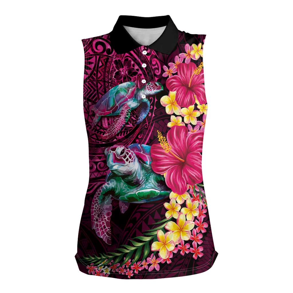 Hawaiian Plumeria and Hibiscus with Turtles Women Sleeveless Polo Shirt Polynesian Art Red Color - Polynesian Pride