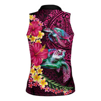 Hawaiian Plumeria and Hibiscus with Turtles Women Sleeveless Polo Shirt Polynesian Art Red Color - Polynesian Pride