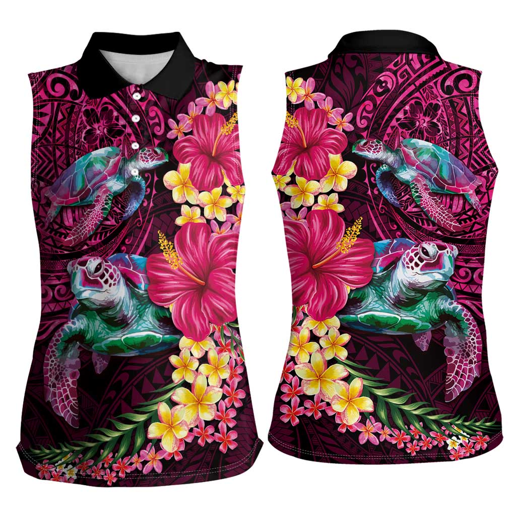 Hawaiian Plumeria and Hibiscus with Turtles Women Sleeveless Polo Shirt Polynesian Art Red Color - Polynesian Pride