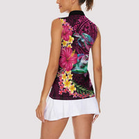Hawaiian Plumeria and Hibiscus with Turtles Women Sleeveless Polo Shirt Polynesian Art Red Color - Polynesian Pride
