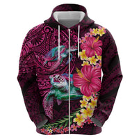 Hawaiian Plumeria and Hibiscus with Turtles Zip Hoodie Polynesian Art Red Color - Polynesian Pride