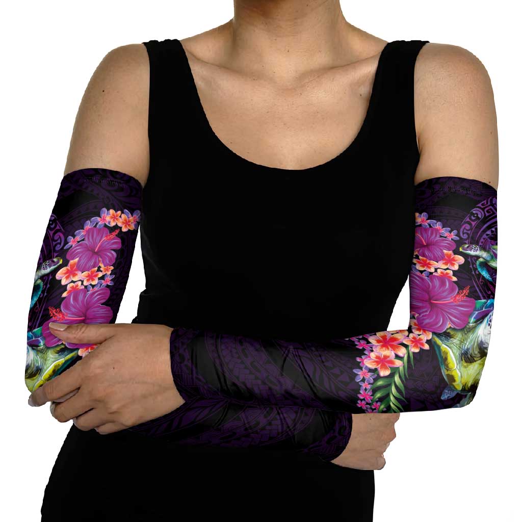 Hawaiian Plumeria and Hibiscus with Turtles Arm Sleeves Polynesian Art Purple Color - Polynesian Pride