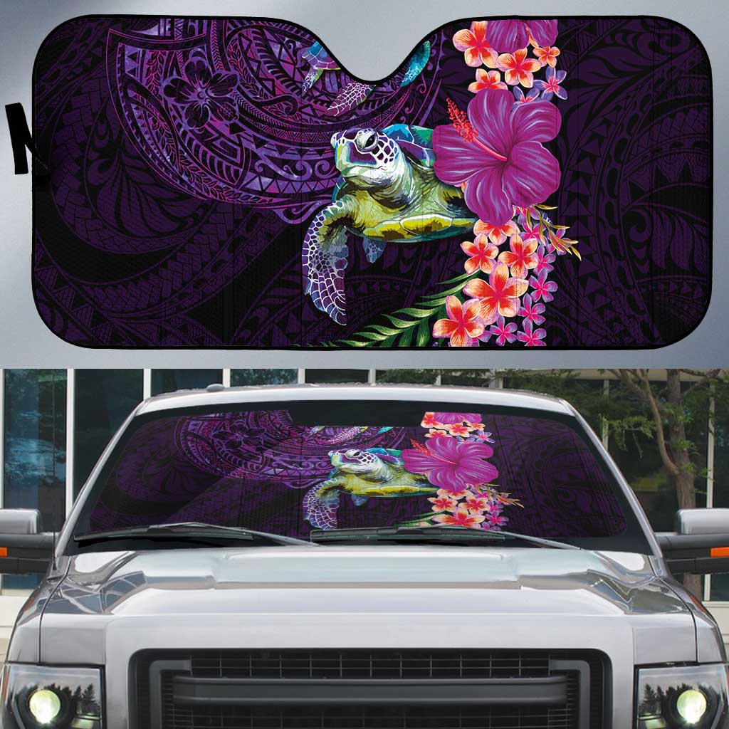 Hawaiian Plumeria and Hibiscus with Turtles Auto Sun Shade Polynesian Art Purple Color - Polynesian Pride