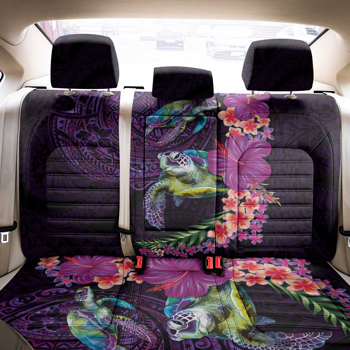 Hawaiian Plumeria and Hibiscus with Turtles Back Car Seat Cover Polynesian Art Purple Color - Polynesian Pride