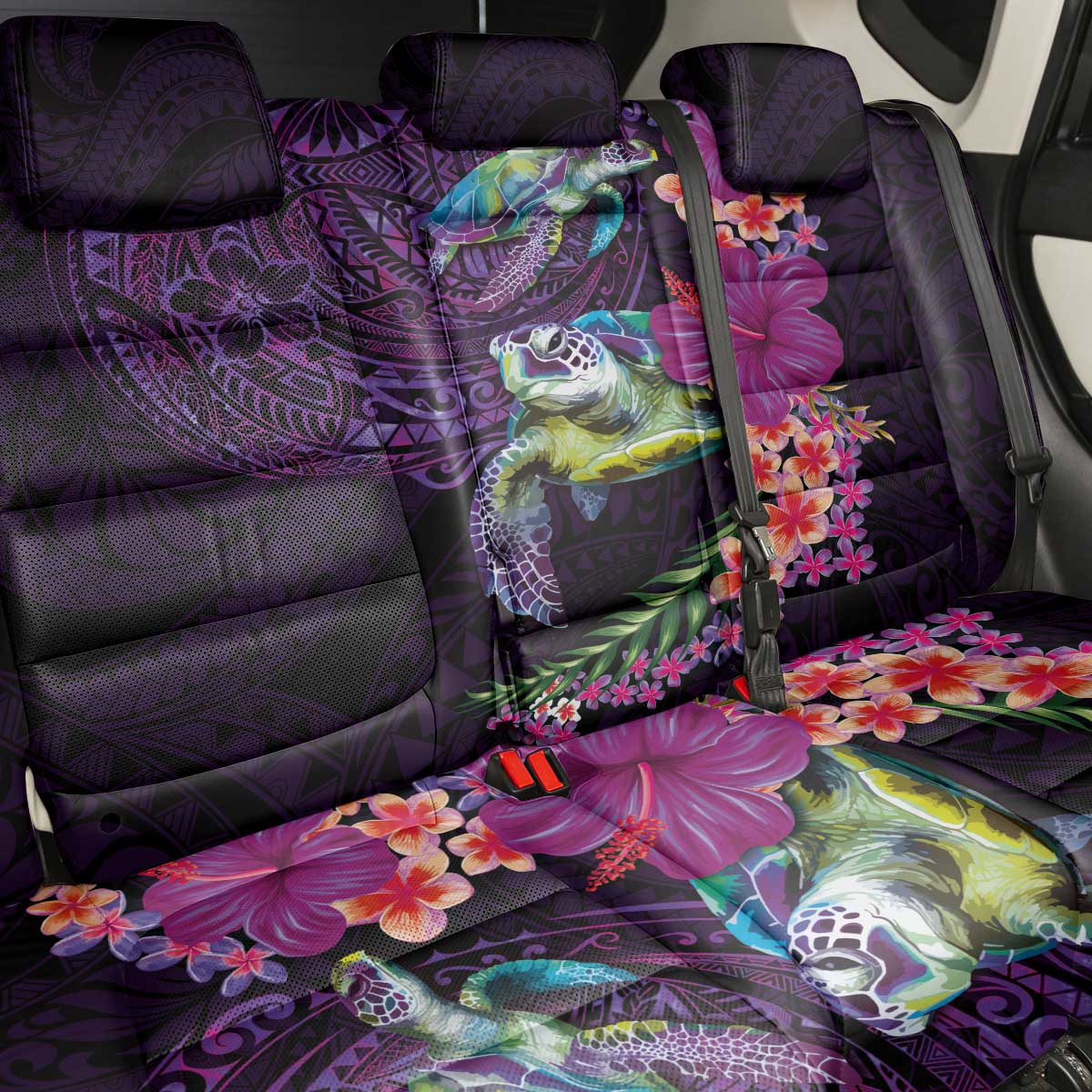Hawaiian Plumeria and Hibiscus with Turtles Back Car Seat Cover Polynesian Art Purple Color - Polynesian Pride