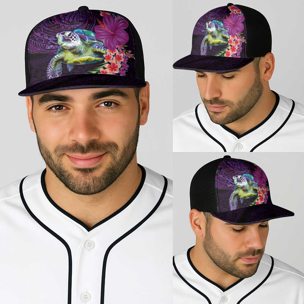 Hawaiian Plumeria and Hibiscus with Turtles Baseball Net Cap Polynesian Art Purple Color - Polynesian Pride