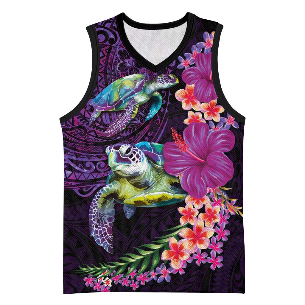 Hawaiian Plumeria and Hibiscus with Turtles Basketball Jersey Polynesian Art Purple Color - Polynesian Pride