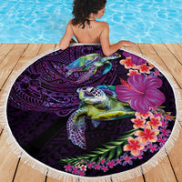 Hawaiian Plumeria and Hibiscus with Turtles Beach Blanket Polynesian Art Purple Color - Polynesian Pride