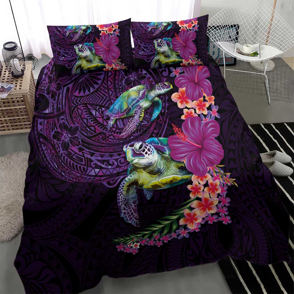 Hawaiian Plumeria and Hibiscus with Turtles Bedding Set Polynesian Art Purple Color - Polynesian Pride