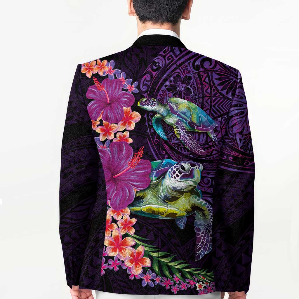 Hawaiian Plumeria and Hibiscus with Turtles Blazer Polynesian Art Purple Color - Polynesian Pride