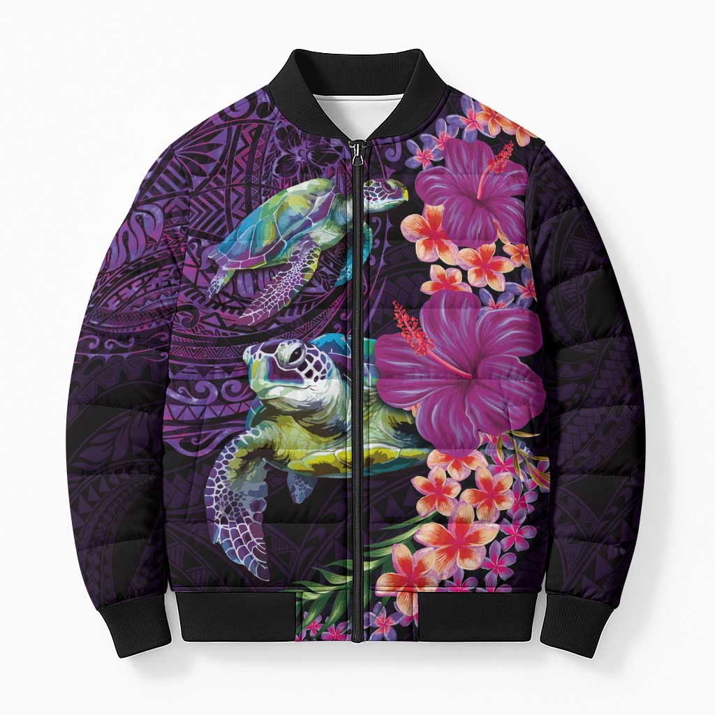 Hawaiian Plumeria and Hibiscus with Turtles Bomber Puffer Jacket Polynesian Art Purple Color - Polynesian Pride