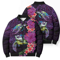 Hawaiian Plumeria and Hibiscus with Turtles Bomber Puffer Jacket Polynesian Art Purple Color - Polynesian Pride
