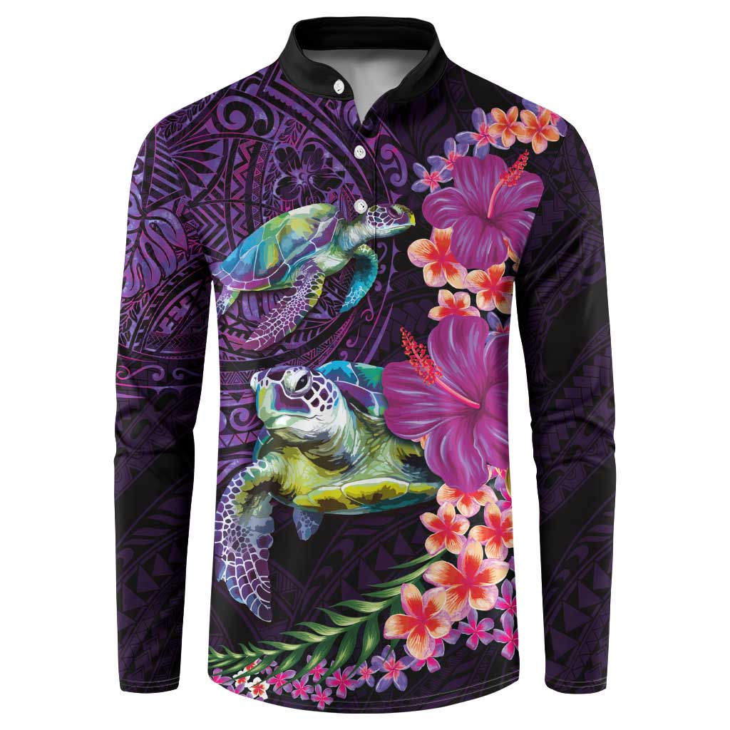 Hawaiian Plumeria and Hibiscus with Turtles Button Sweatshirt Polynesian Art Purple Color - Polynesian Pride