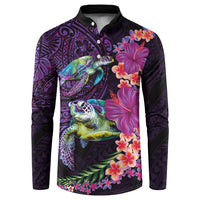 Hawaiian Plumeria and Hibiscus with Turtles Button Sweatshirt Polynesian Art Purple Color - Polynesian Pride