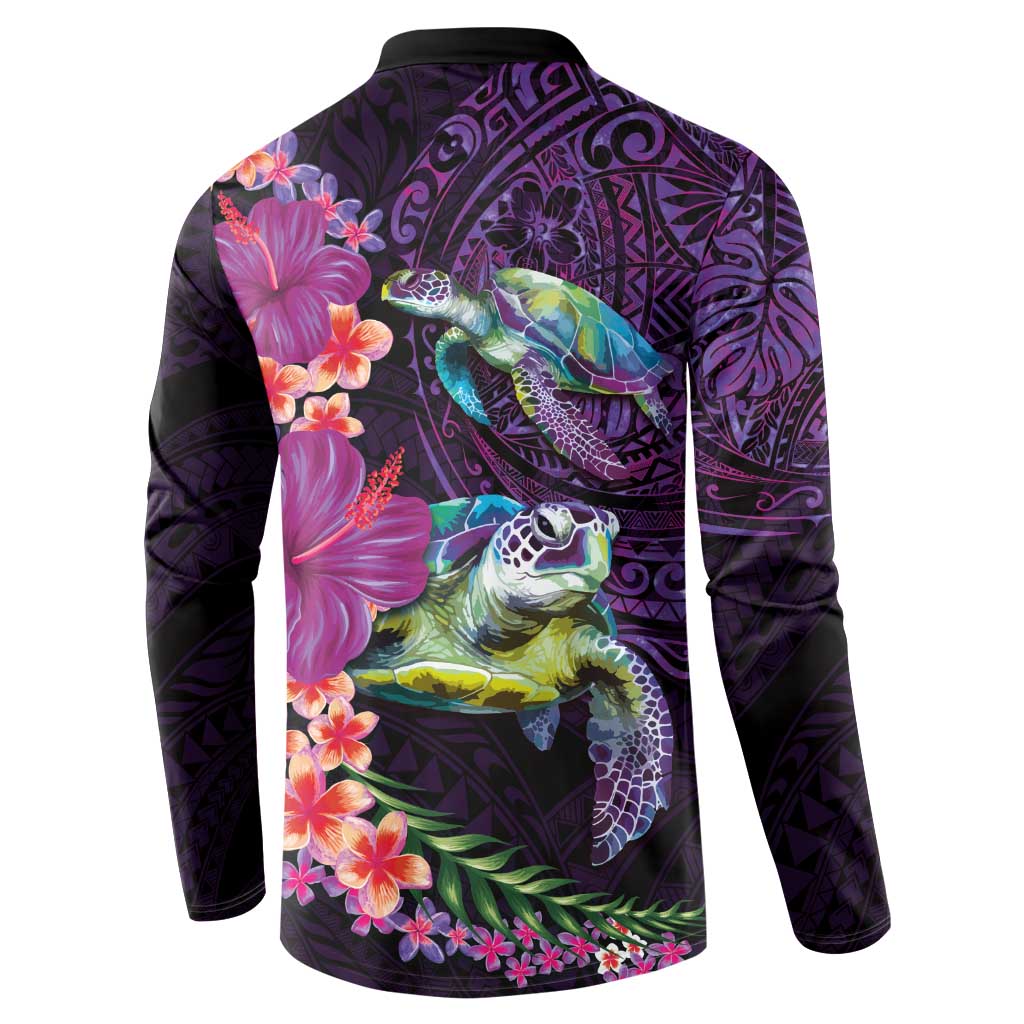 Hawaiian Plumeria and Hibiscus with Turtles Button Sweatshirt Polynesian Art Purple Color - Polynesian Pride