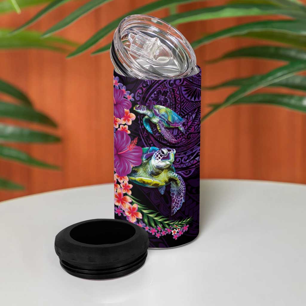 Hawaiian Plumeria and Hibiscus with Turtles 4 in 1 Can Cooler Tumbler Polynesian Art Purple Color - Polynesian Pride