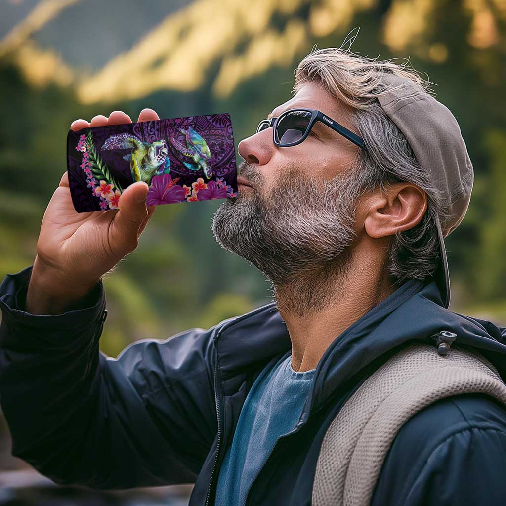 Hawaiian Plumeria and Hibiscus with Turtles 4 in 1 Can Cooler Tumbler Polynesian Art Purple Color - Polynesian Pride