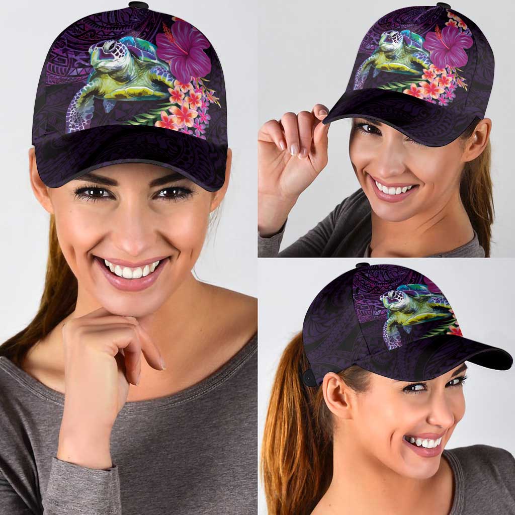 Hawaiian Plumeria and Hibiscus with Turtles Classic Cap Polynesian Art Purple Color - Polynesian Pride