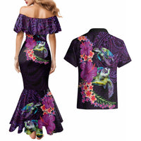 Hawaiian Plumeria and Hibiscus with Turtles Couples Matching Mermaid Dress and Hawaiian Shirt Polynesian Art Purple Color - Polynesian Pride