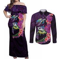 Hawaiian Plumeria and Hibiscus with Turtles Couples Matching Off Shoulder Maxi Dress and Long Sleeve Button Shirt Polynesian Art Purple Color - Polynesian Pride