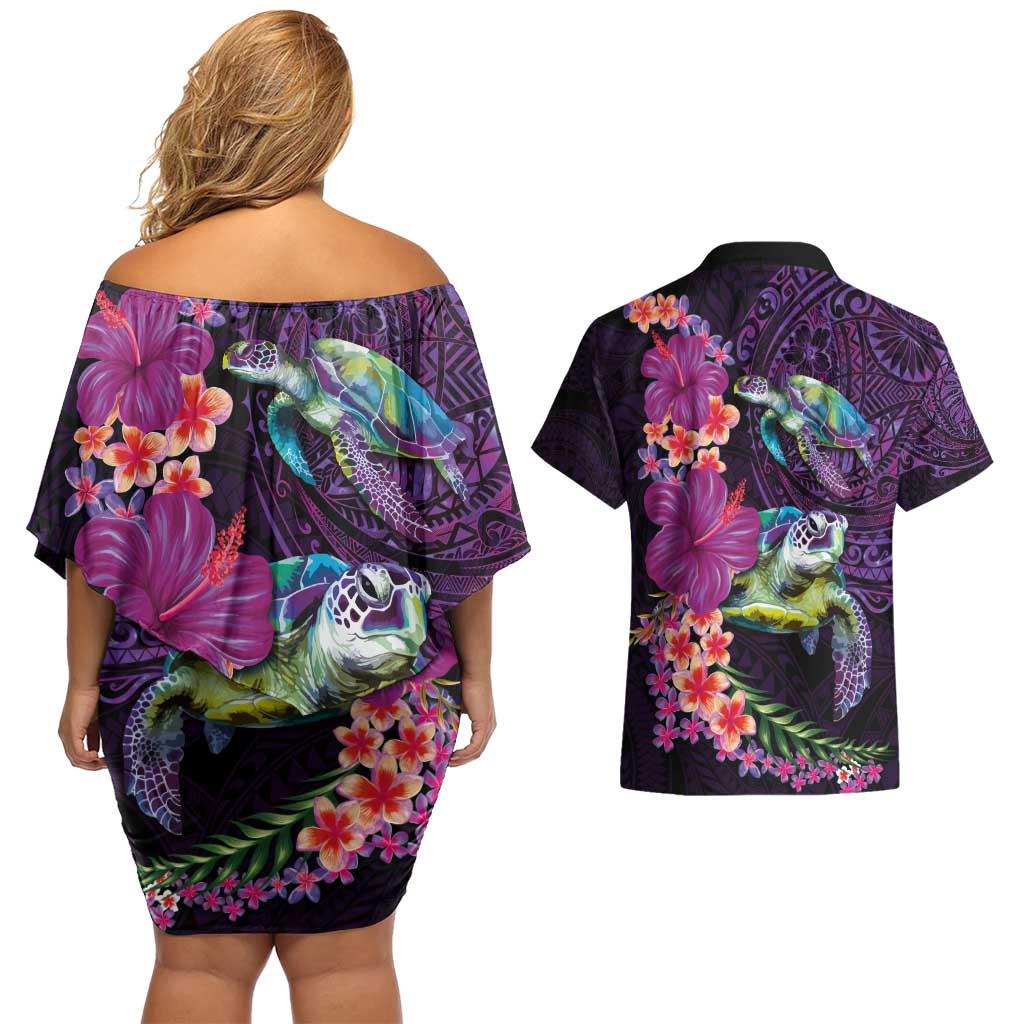 Hawaiian Plumeria and Hibiscus with Turtles Couples Matching Off Shoulder Short Dress and Hawaiian Shirt Polynesian Art Purple Color - Polynesian Pride
