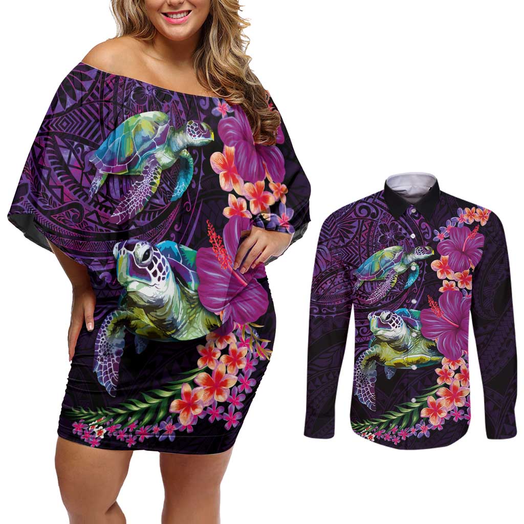 Hawaiian Plumeria and Hibiscus with Turtles Couples Matching Off Shoulder Short Dress and Long Sleeve Button Shirt Polynesian Art Purple Color - Polynesian Pride