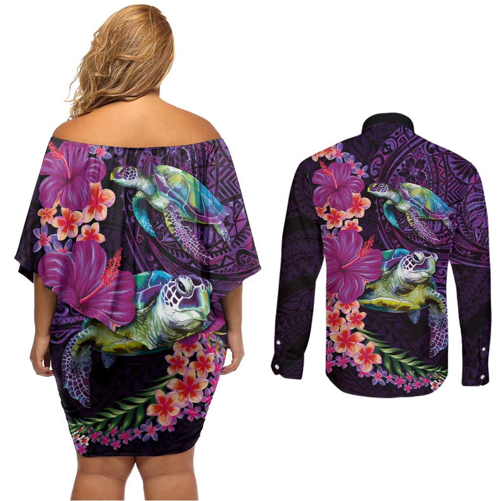 Hawaiian Plumeria and Hibiscus with Turtles Couples Matching Off Shoulder Short Dress and Long Sleeve Button Shirt Polynesian Art Purple Color - Polynesian Pride